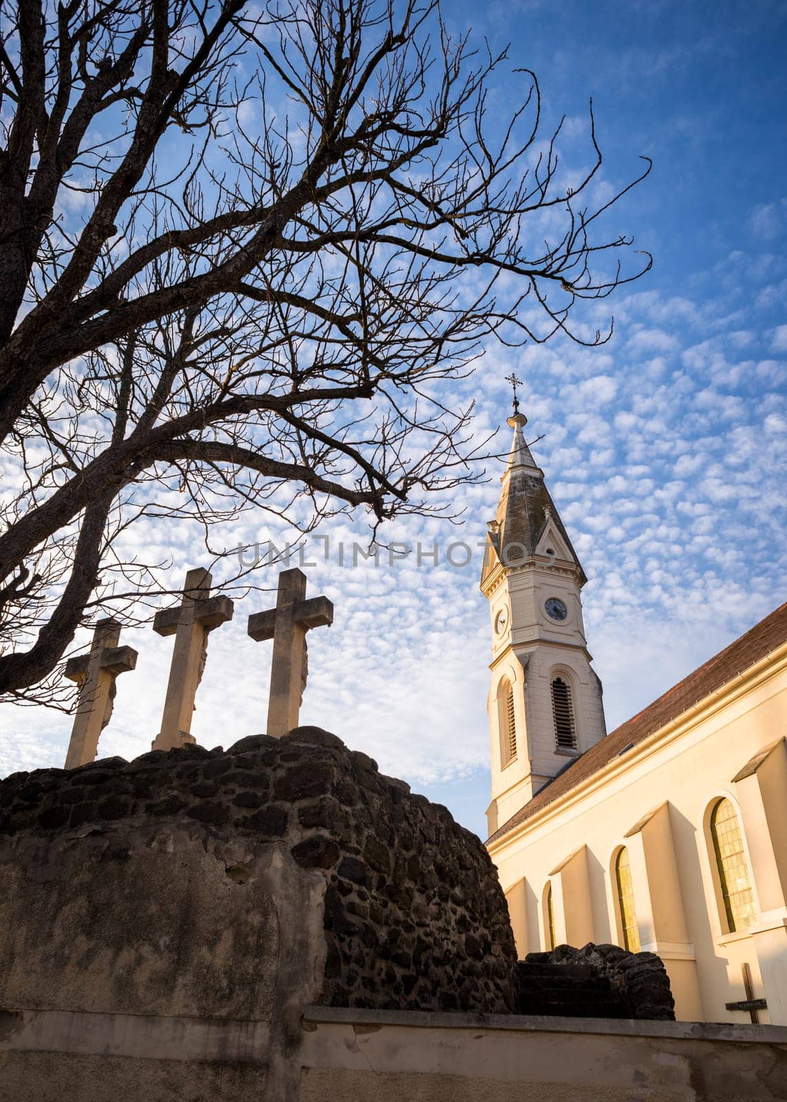 Bell tower and crosses at the church of Weppersdorf Burgenland