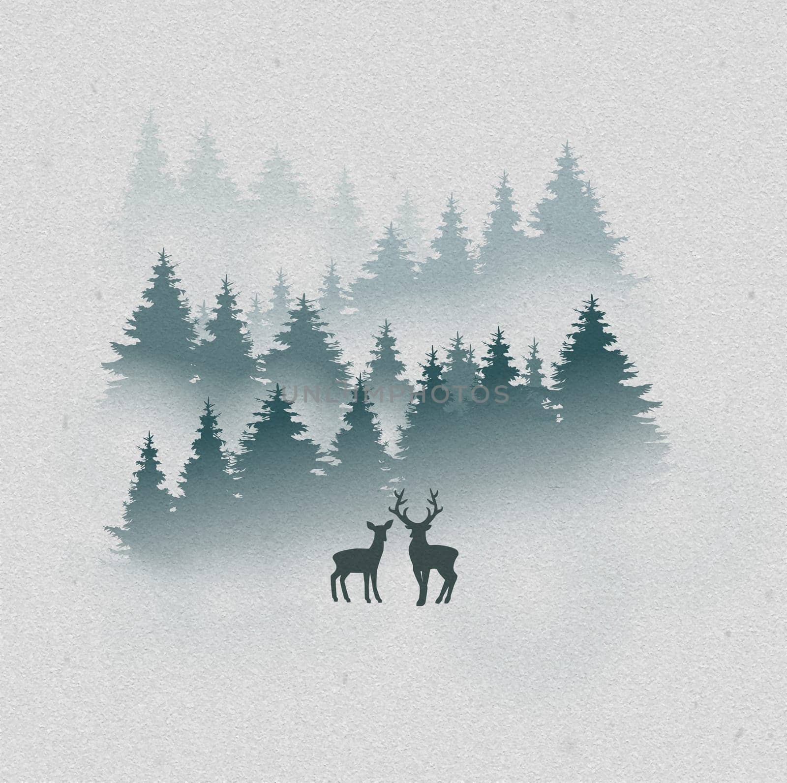Deer and doe in mystical forest illustration. Pine trees in fog beautiful landscape.
