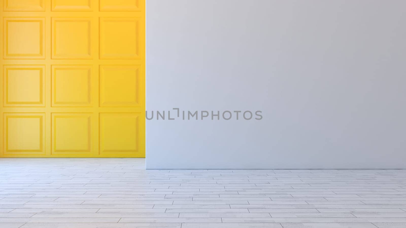 Yellow square decorative wall panels and white wall with wooden parquet empty room concept 3d illustration