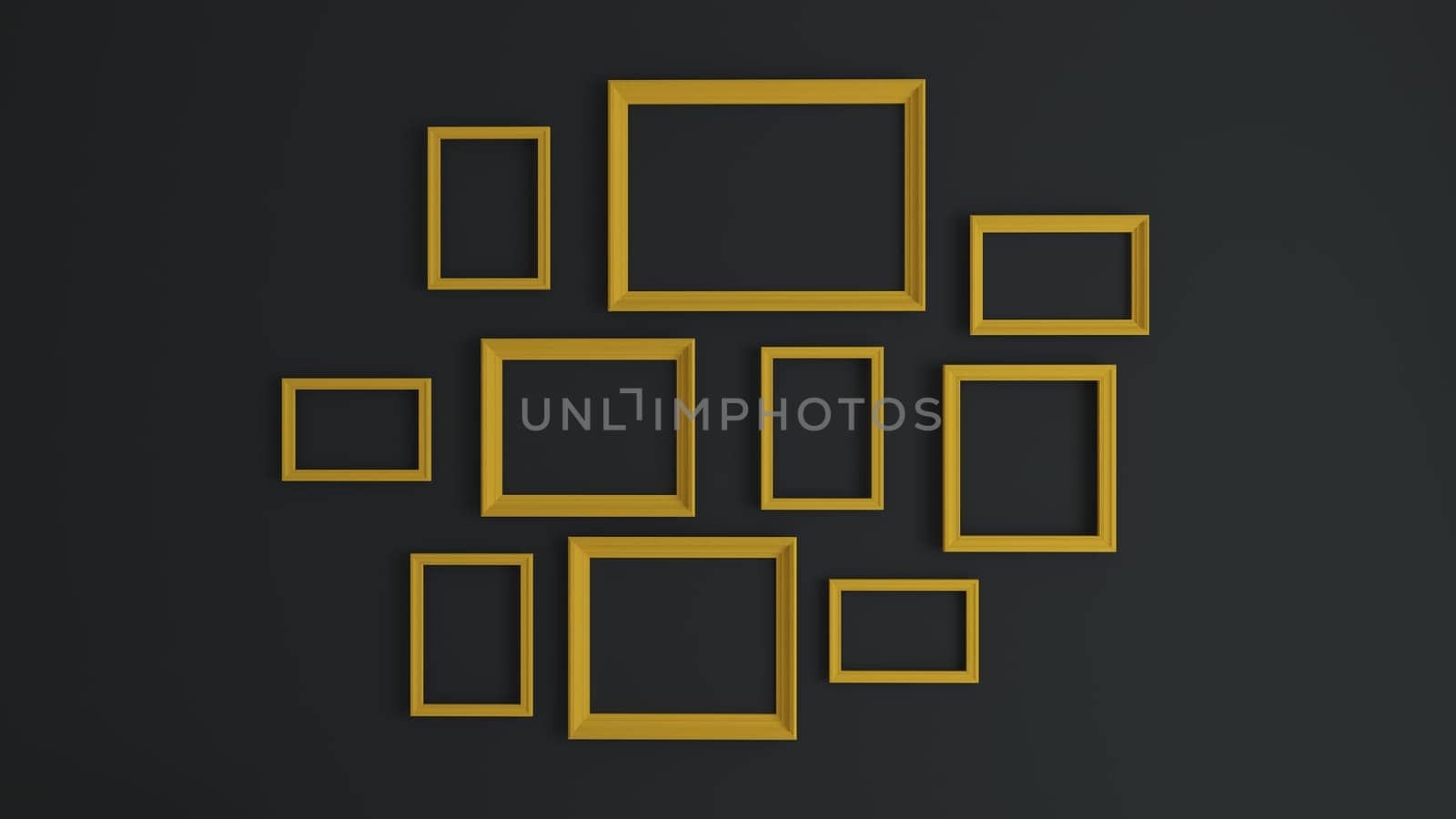Empty different size picture frames collage dark grey concept with yellow frame 3d rendering