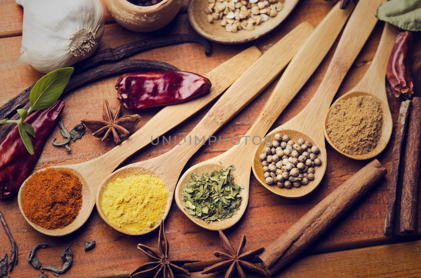 Colorful spices in wooden spoon