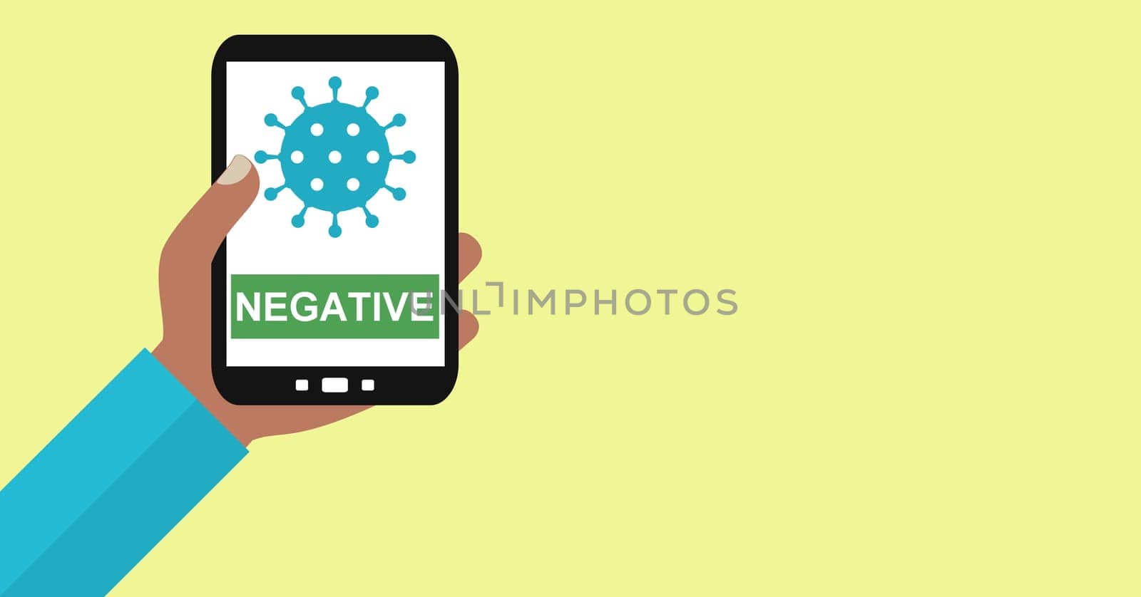 Person of color holding smartphone showing negative Coronatest
