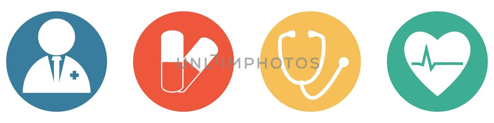 4 colorful Buttons blue, red, orange and green showing: Doctor, Pills, Stethoscope and Heart - Health Check