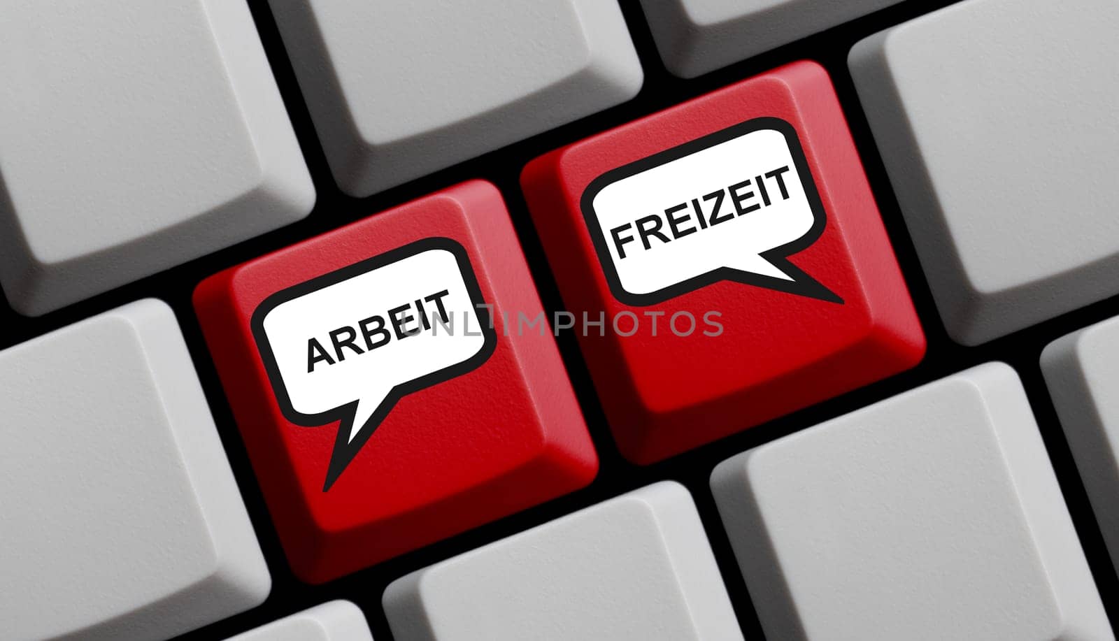 Computer keyboard showing Work and Leisure time in german language in german language - 3D illustration