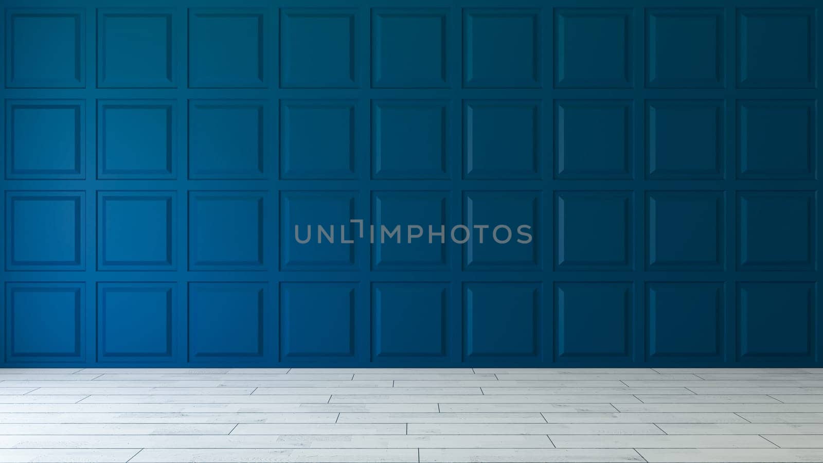 Blue square decorative wall panels with wooden parquet empty room concept 3d illustration
