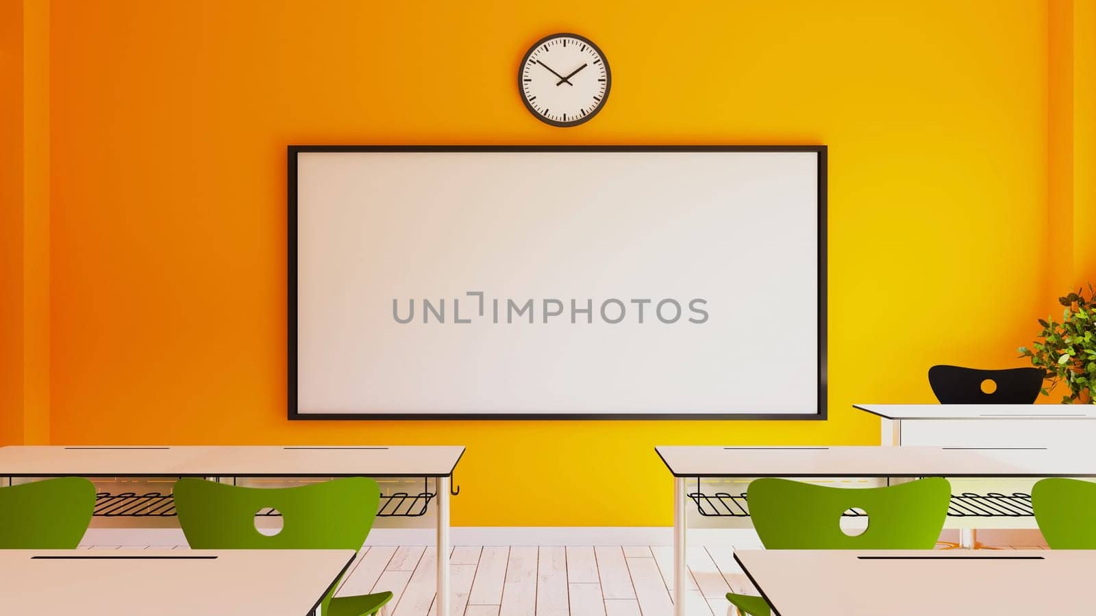 Empty interior of classic school classrooms with white chalk on the yellow wall and green chair 3D rendering