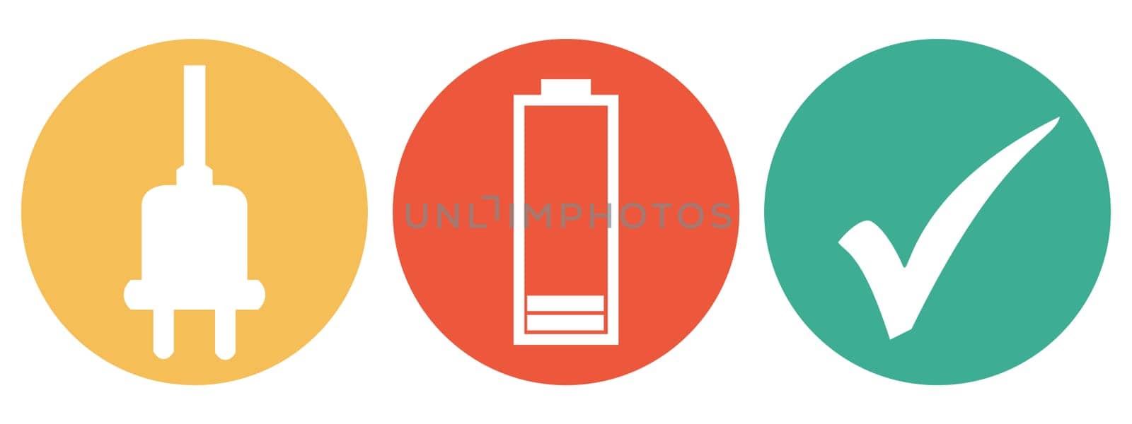 3 colorful Buttons orange, red and green showing: Empty Battery and Plug for Charging