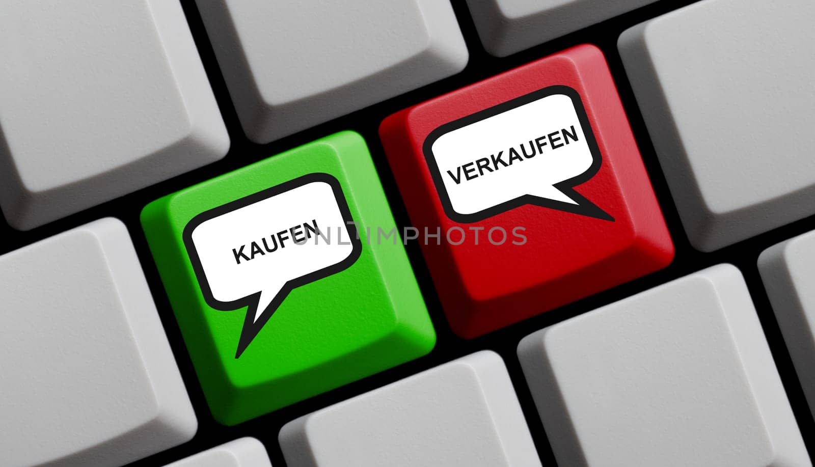 Computer keyboard showing Buy and Sell in german language - 3D illustration