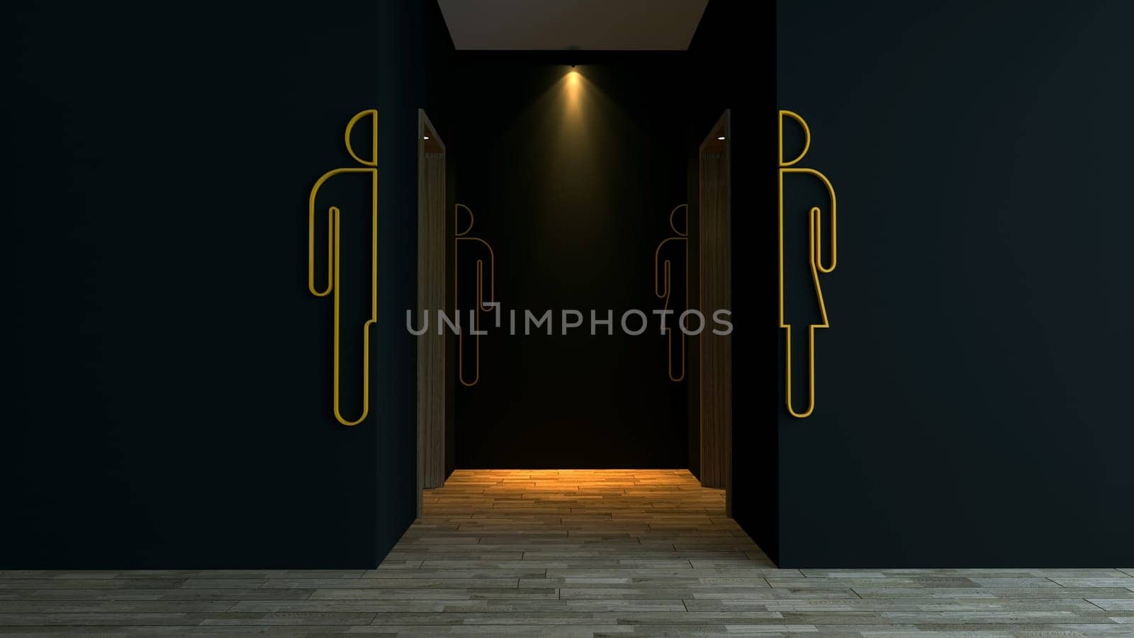 Public toilet entrance in modern cafes and public buildings with black wall and yellow signs 3d illustration