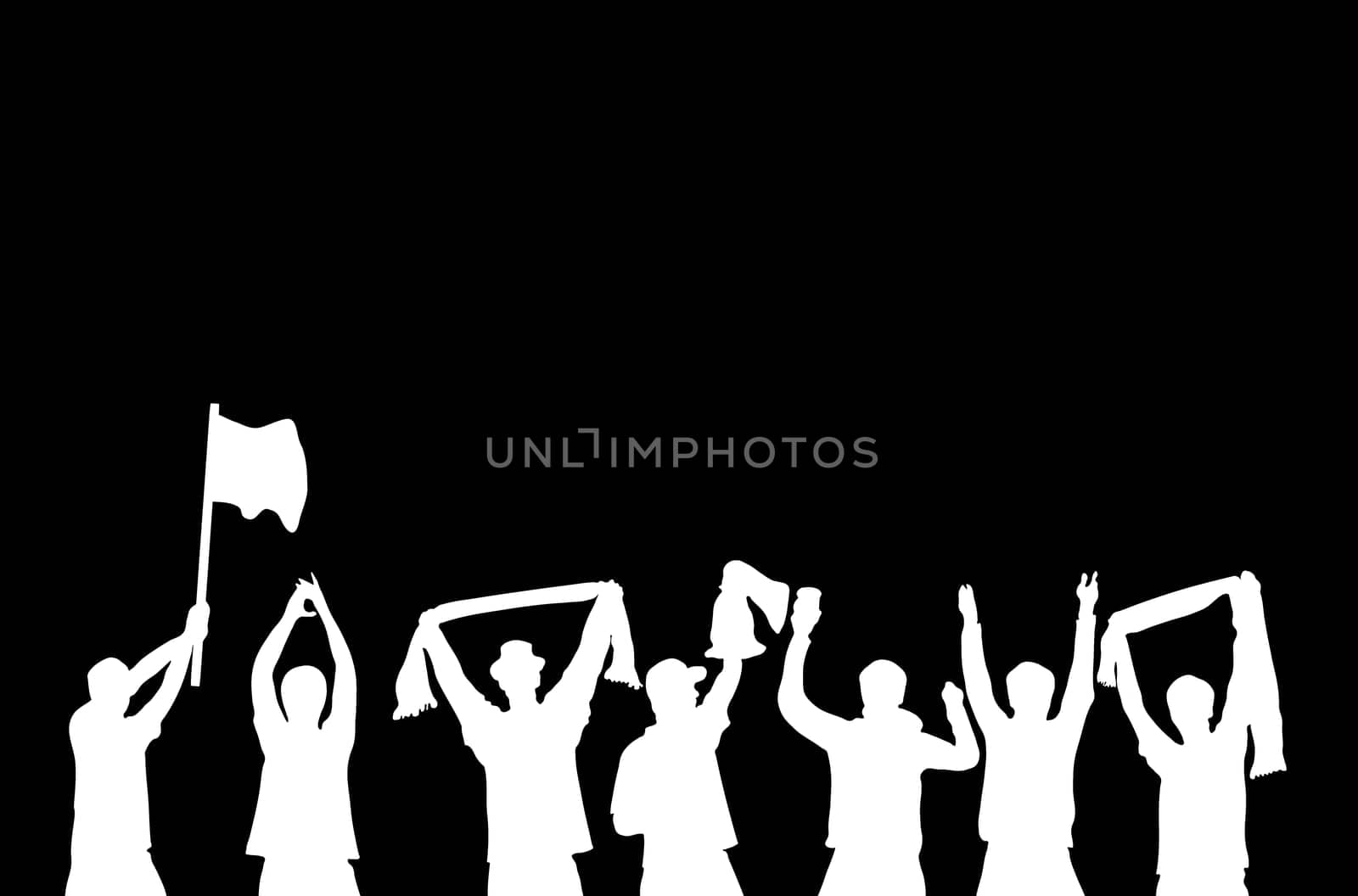 Cheering soccer, football, music or festival fans - White silhouette on black background