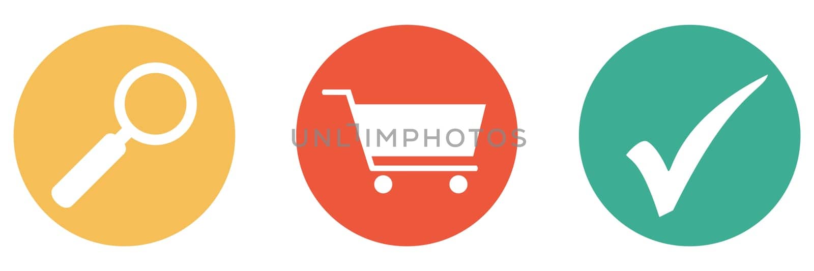 3 colorful buttons showing supermarket, shop or onlineshop with magnifying glass and check mark