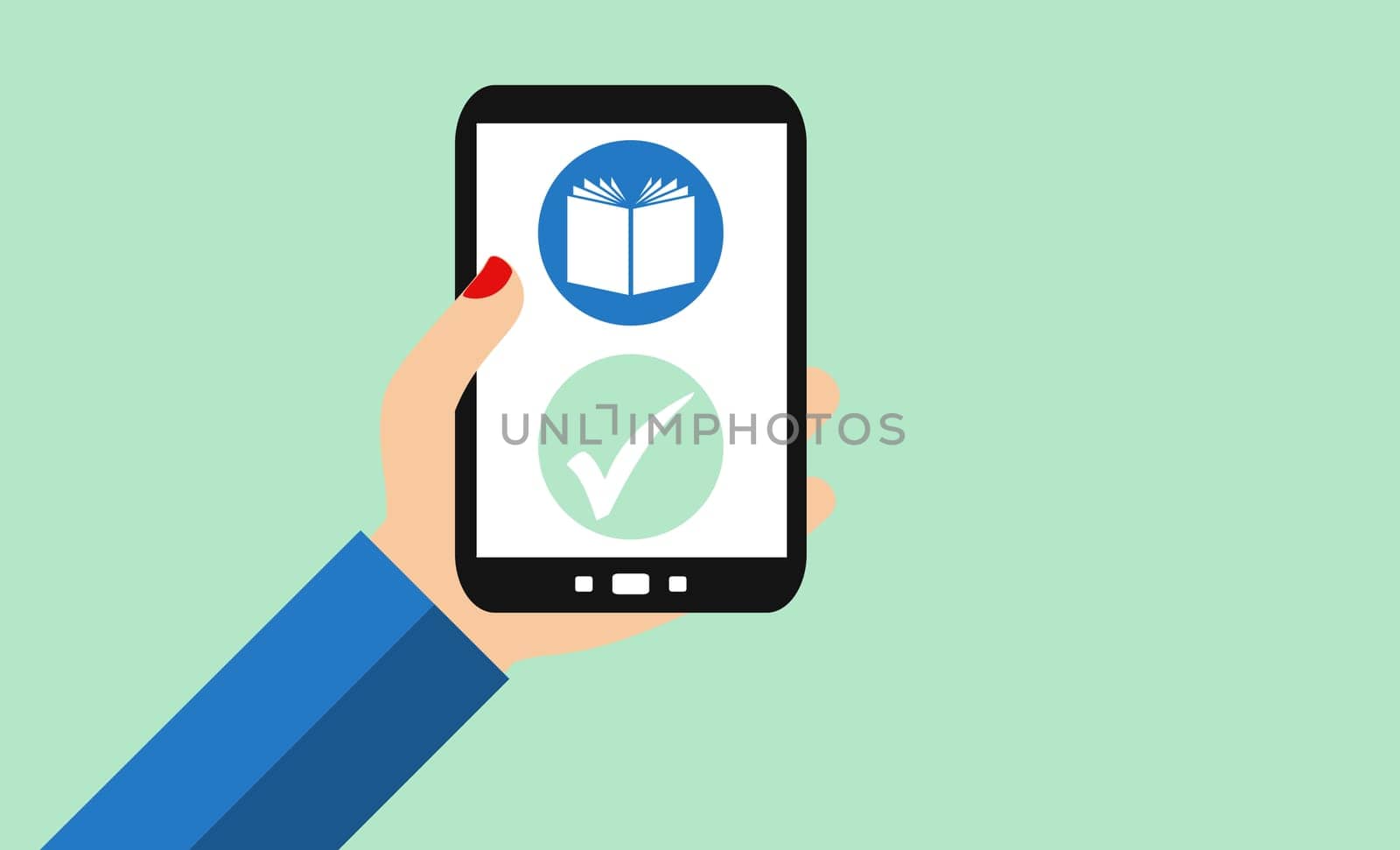Female hand holding smartphone: Read books, magazines or newspaper
