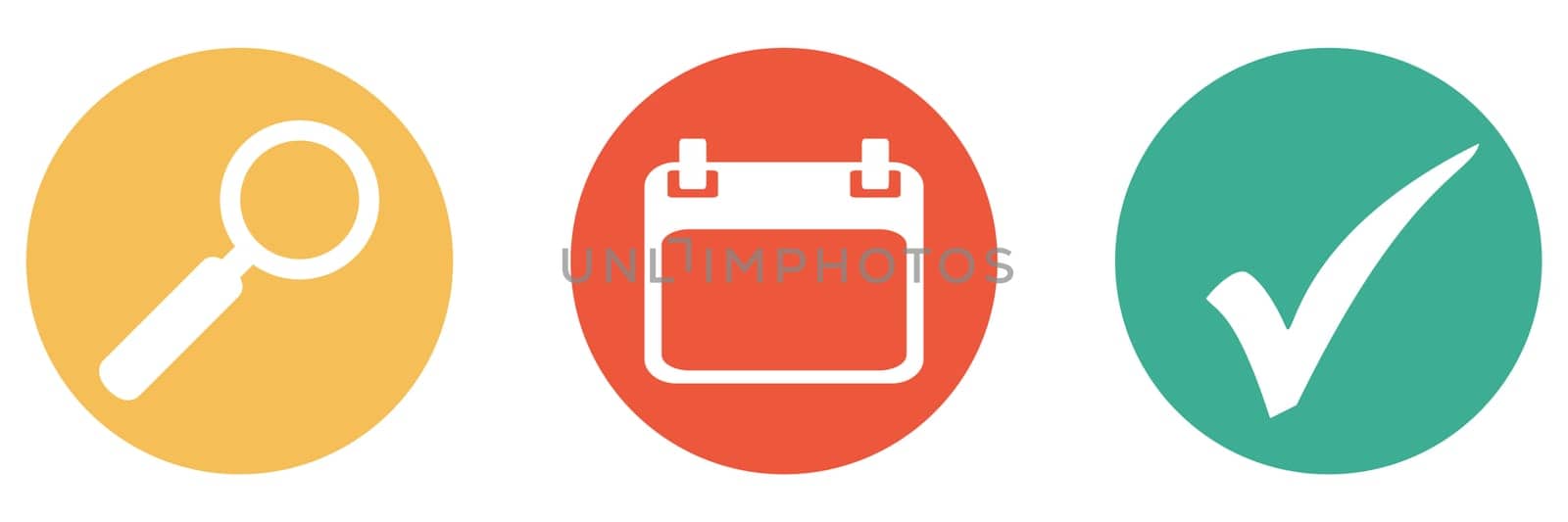 3 colorful buttons showing calendar or appontment with magnifying glass and check mark