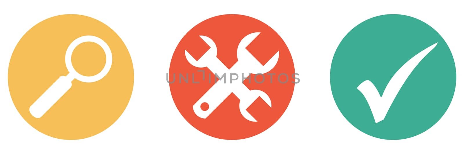 3 colorful buttons showing installation or maintenance with magnifying glass and check mark