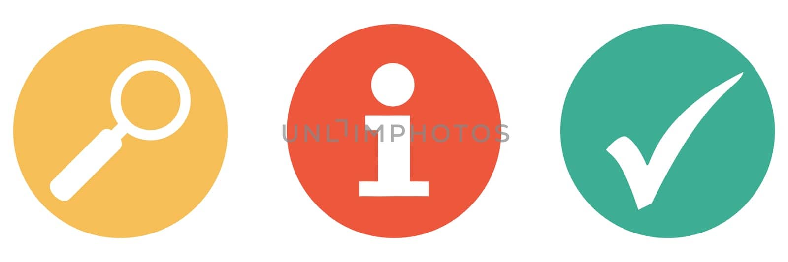 3 colorful buttons showing service, help or information with magnifying glass and check mark