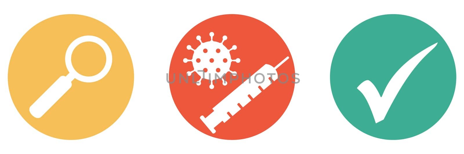 3 colorful buttons showing coronavirus vaccination with magnifying glass and check mark