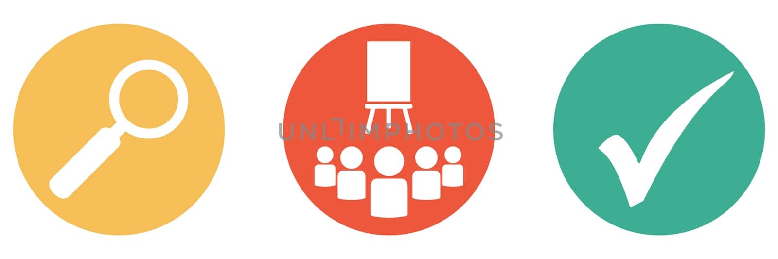 3 colorful buttons showing seminar, coaching, education or workshop with magnifying glass and check mark