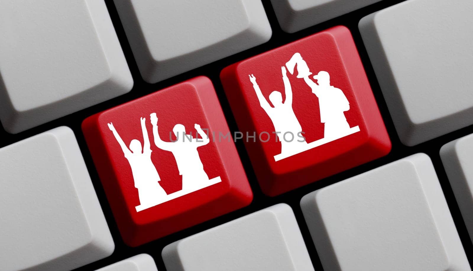 Party or cheering music, sport or soccer fans on red computer keyboard