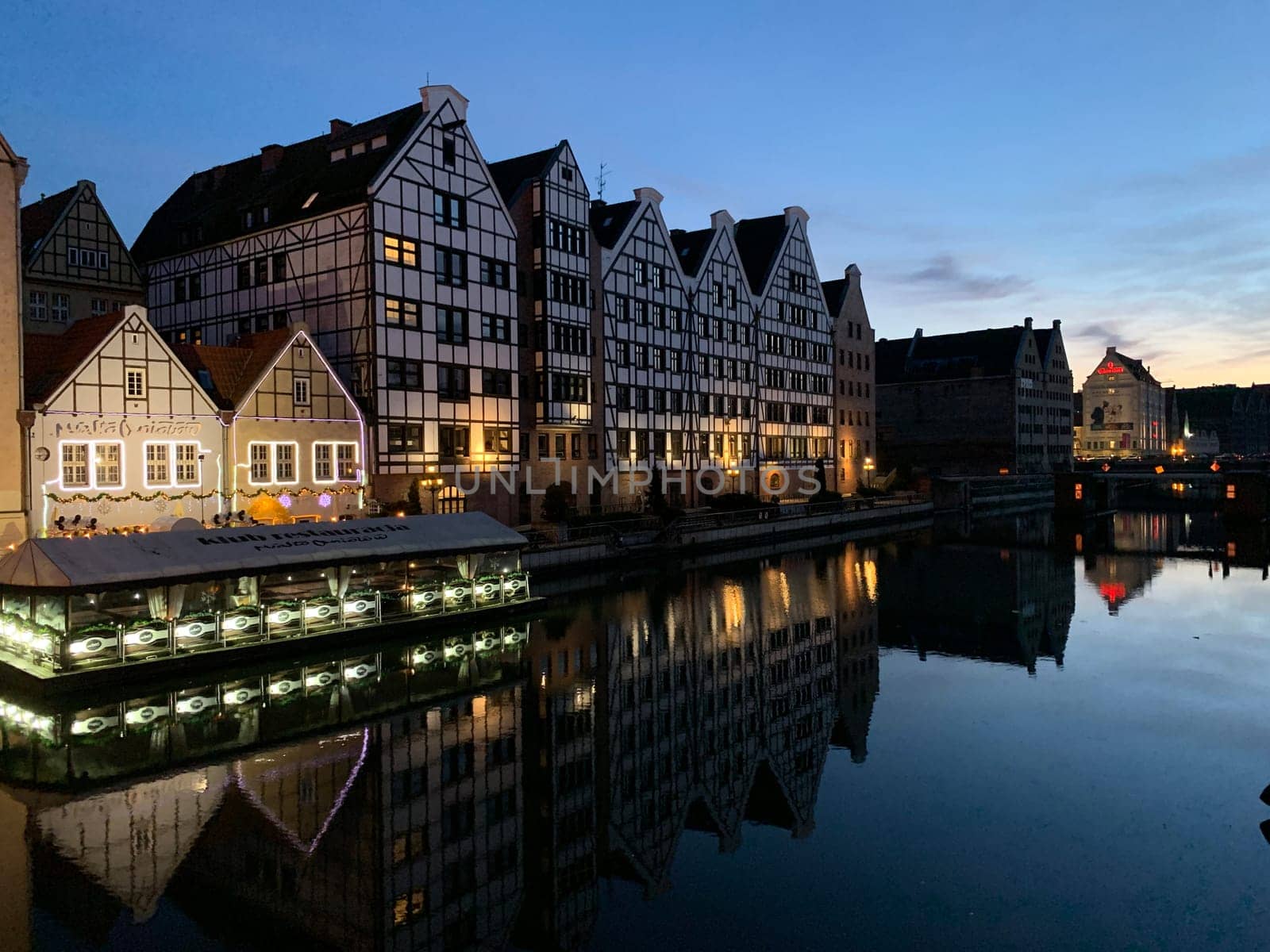 The beauty of the channels of Gdansk during a clear sky night in the north of Poland