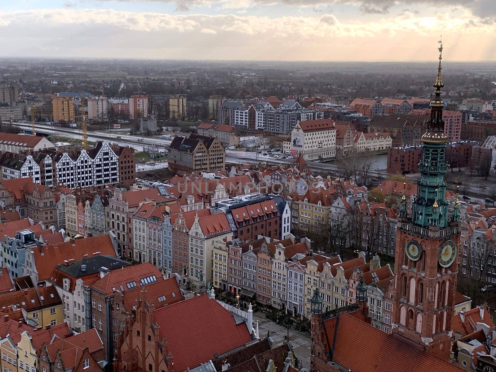 Panorama of the roves of Gdansk from the top of the Cathedral bell tower in Poland