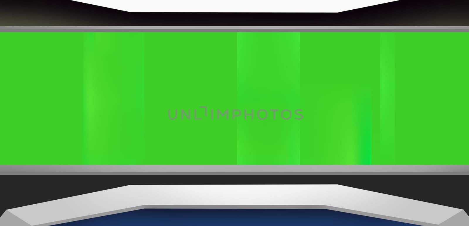 Modern studio space with big screen with chroma key green color, suitable for general news background. 3d illustration
