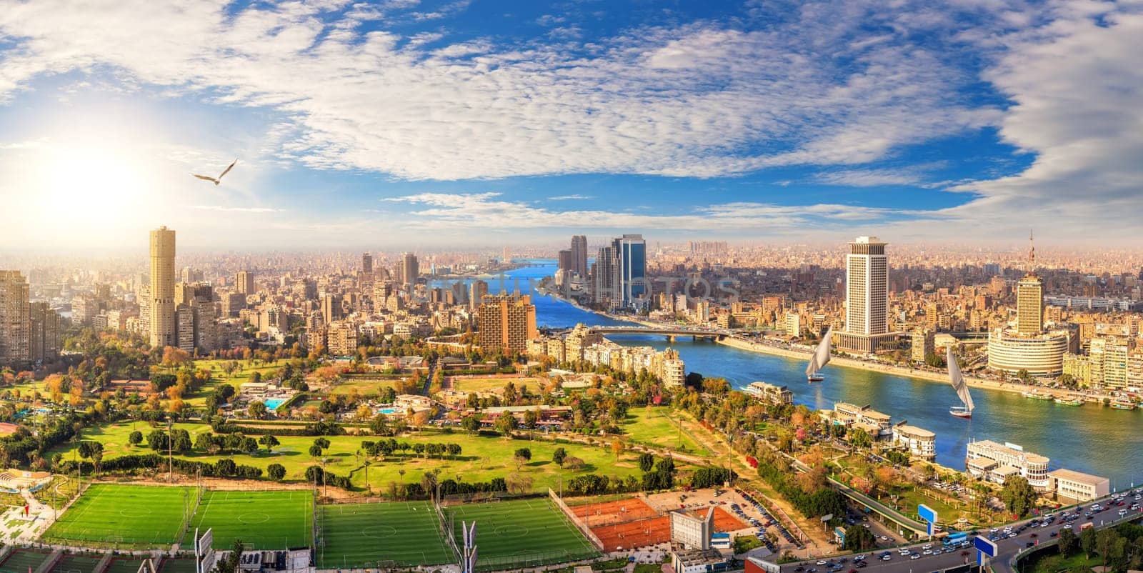 Cairo skyline downtown panorama, view on the Nile and bridges, Egypt.