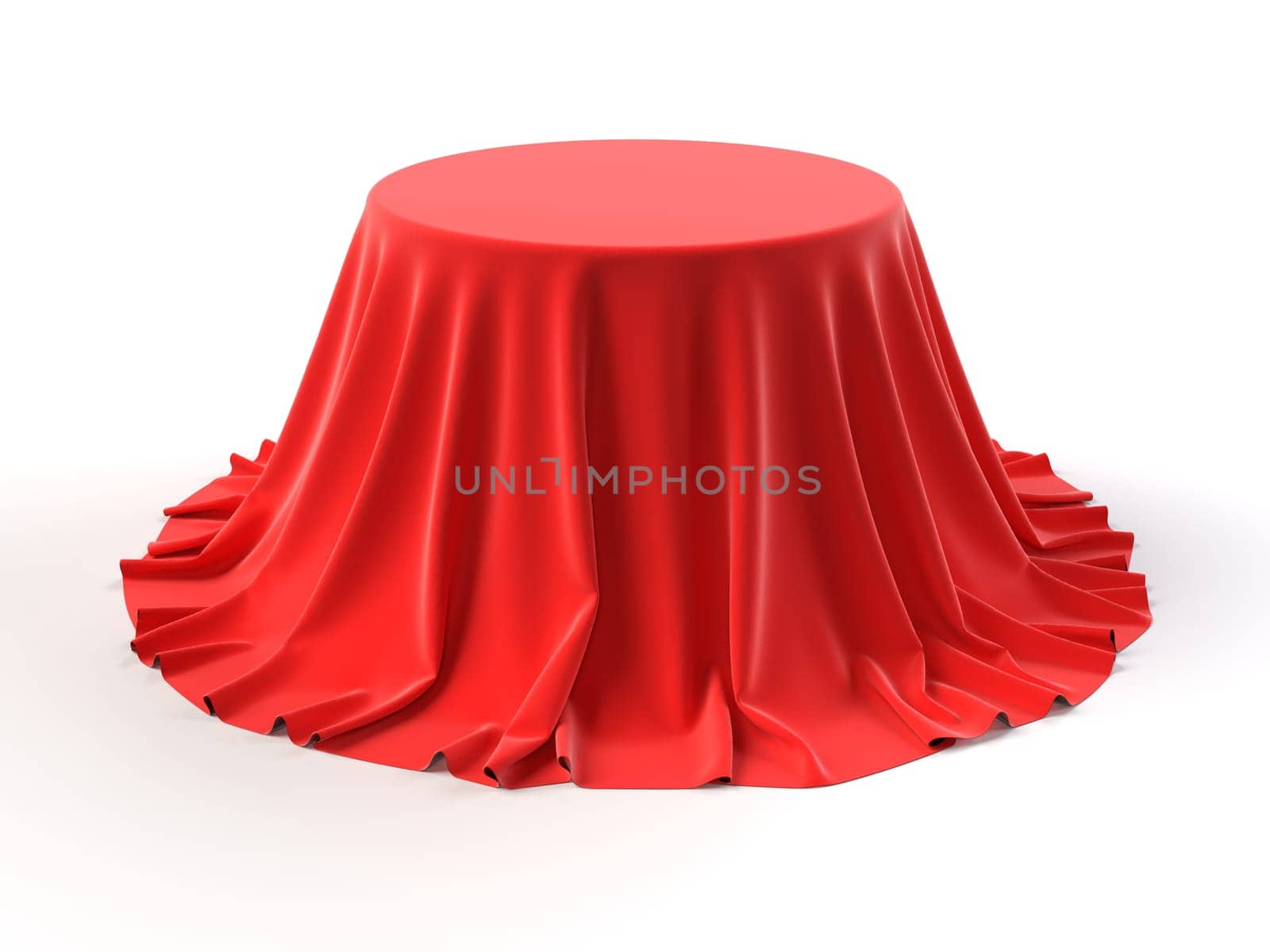 Round box covered with red fabric isolated on white background. Surprise, award, prize, presentation concept. Showroom stand. Reveal a hidden object, raise the curtain. 3D realistic illustration
