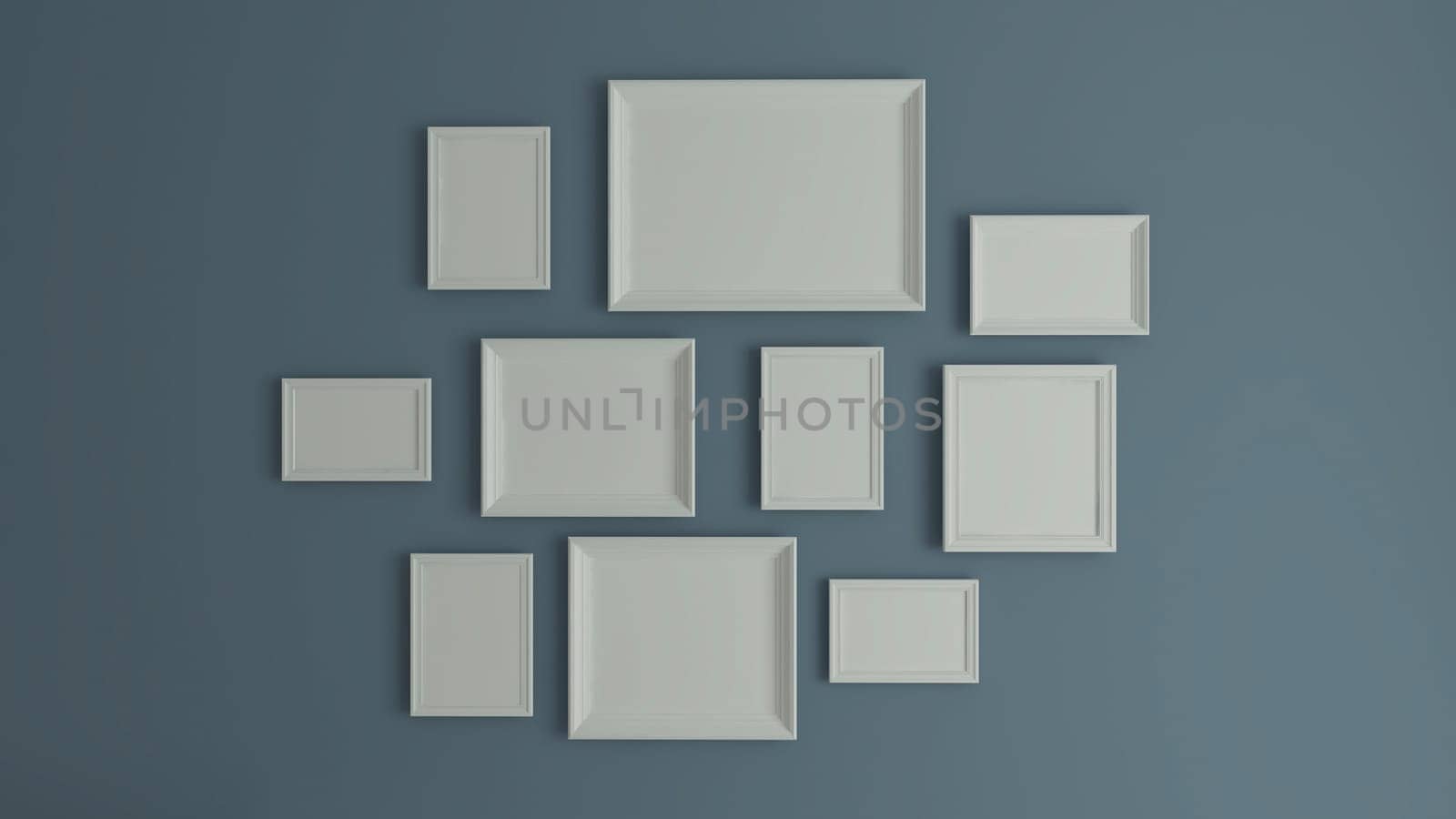 horizontal and vertical collage photo or picture art on vintage blue wall with border frame realistic 3D rendering