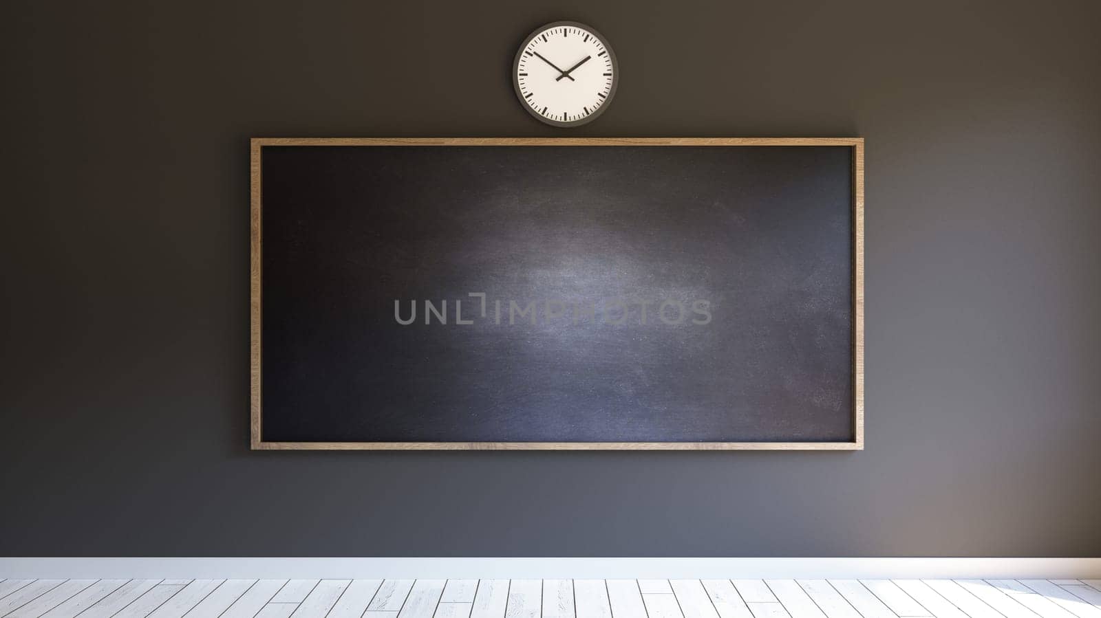 Blackboard in the classic school classrooms with white parquet floor and clock on the wall 3D rendering