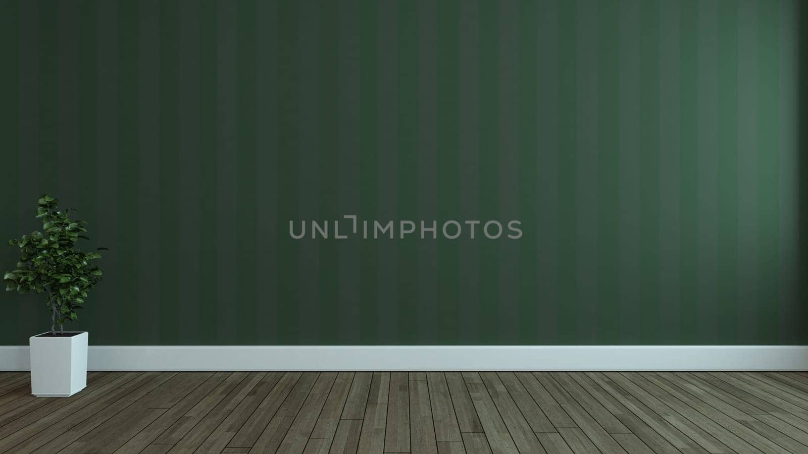 Empty room with Lined green wallpaper wall, wooden floor and plant concept 3d rendering