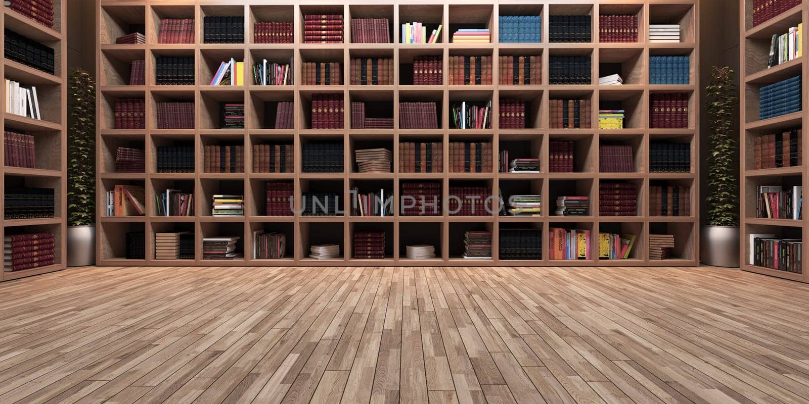 Modern big library design, wooden bookshelf with wooden parquet realistic 3D rendering