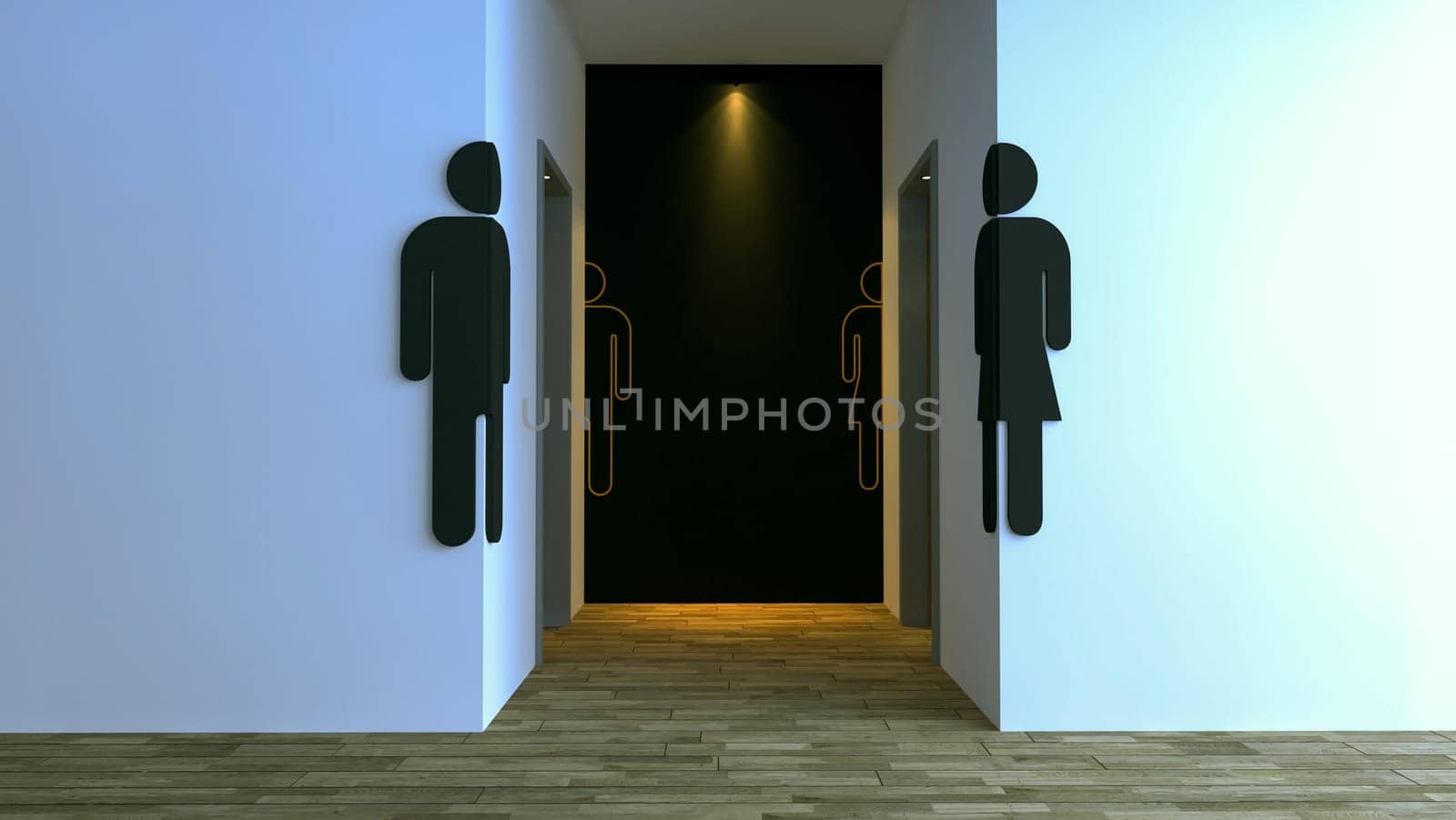 Public toilet entrance in modern cafes and public buildings with white wall and black-yellow signs 3d illustration