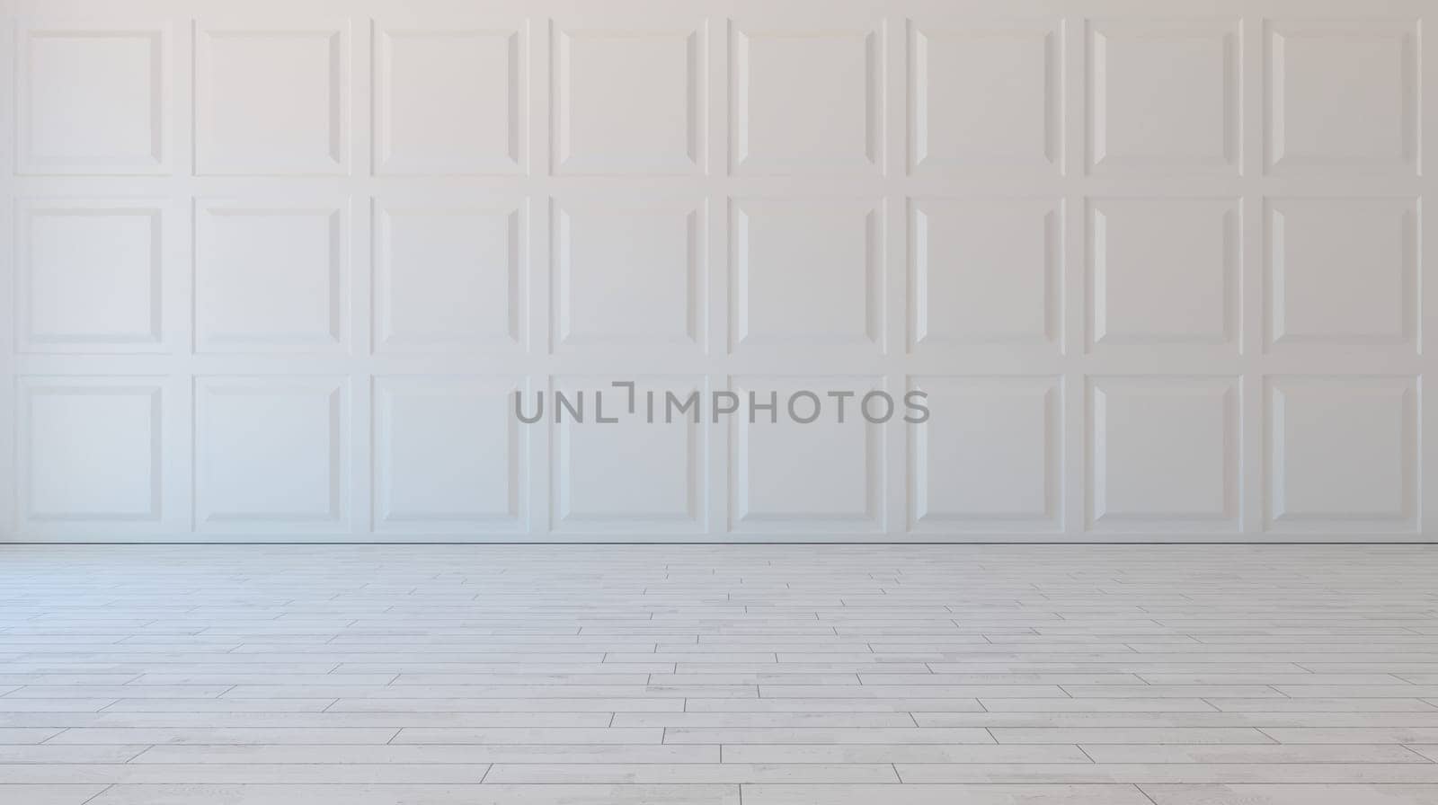 White square decorative wall panels with wooden parquet empty room concept 3d illustration