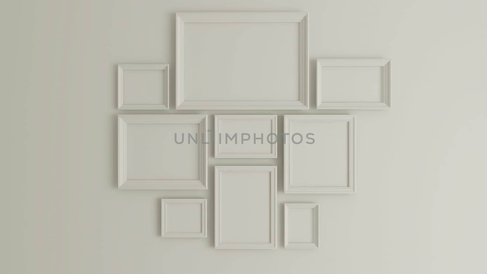 horizontal and vertical collage photo or picture art on vintage wall with border frame realistic 3D rendering