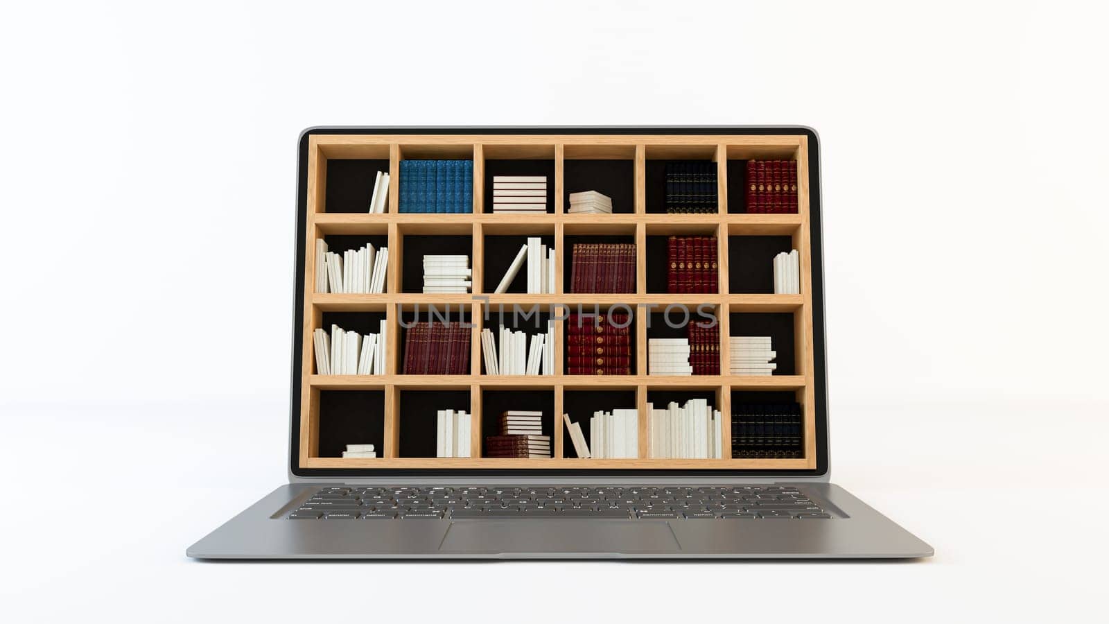Library on computer screen concept with clean white background 3d rendering