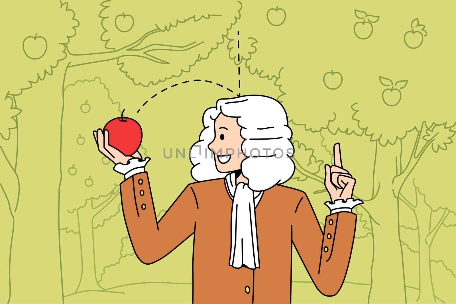 Science and physical experience concept. Sir Isaac Newton scientist standing and exploring gravity with red fallen apple in hands vector illustration