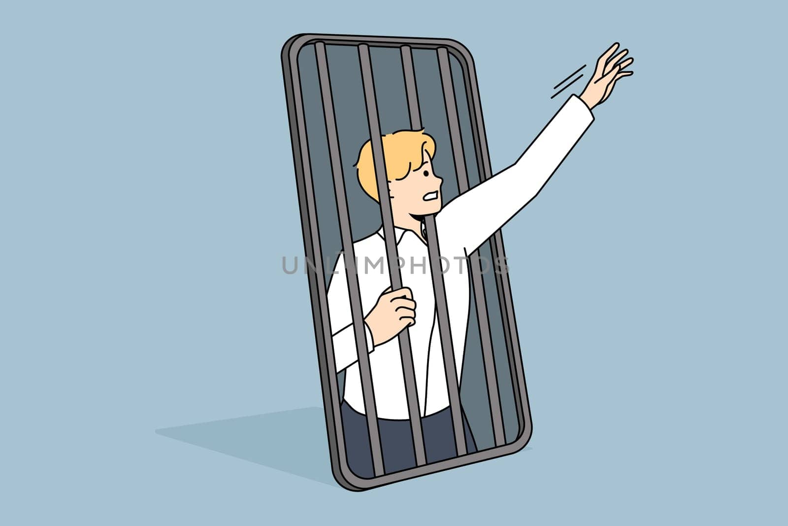 Phone and technologies addiction concept. Young stressed businessman trying to get freedom from smartphone cell feeling slave vector illustration