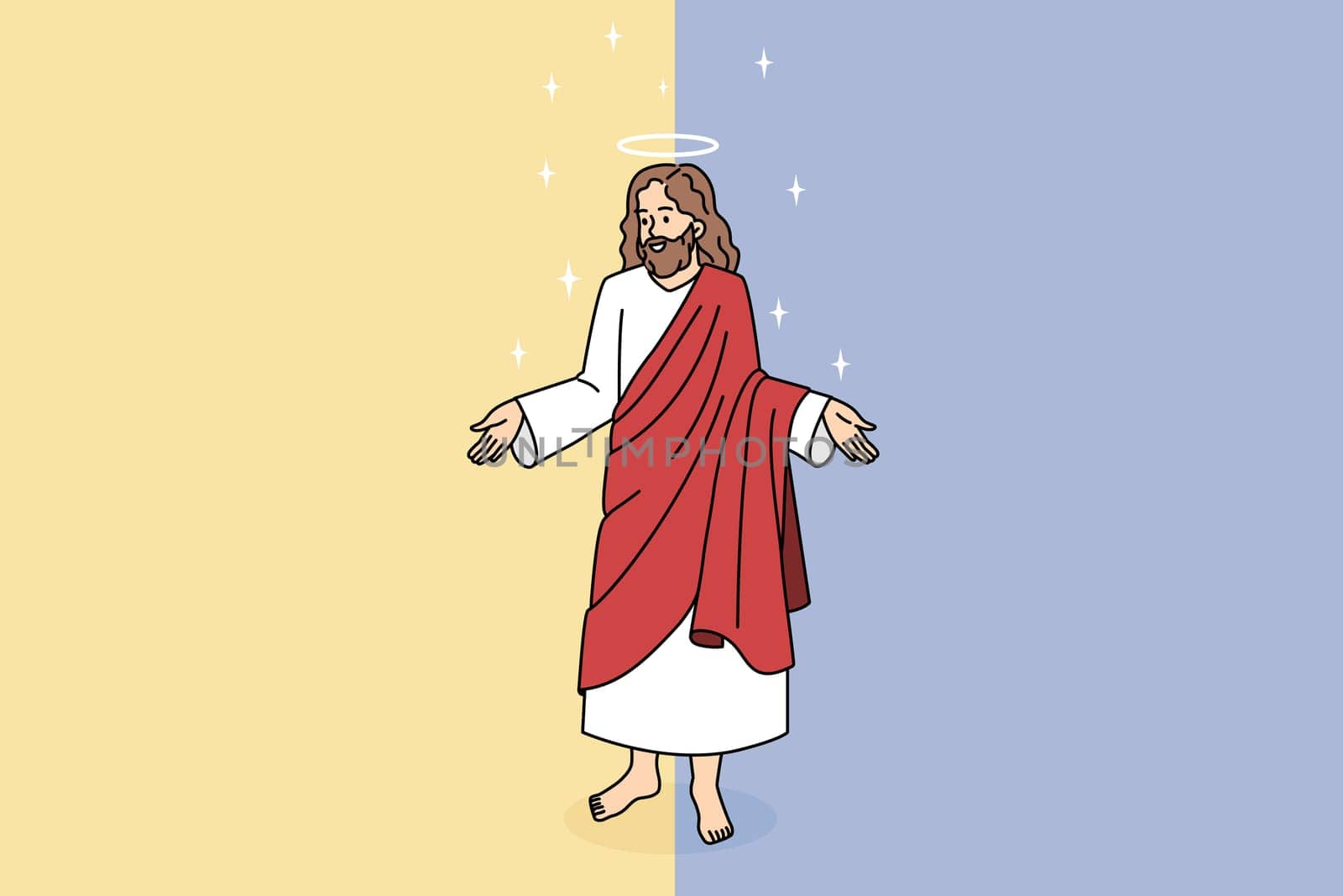 Bible and Jesus Christ concept. Kind smiling Jesus in red clothing standing and showing his big caring hands vector illustration