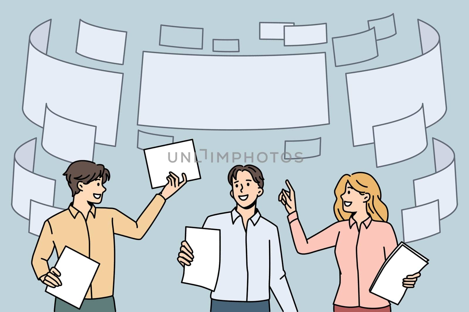 Document flow in business concept. Group of young business partners teammates standing with papers and flying documents above vector illustration