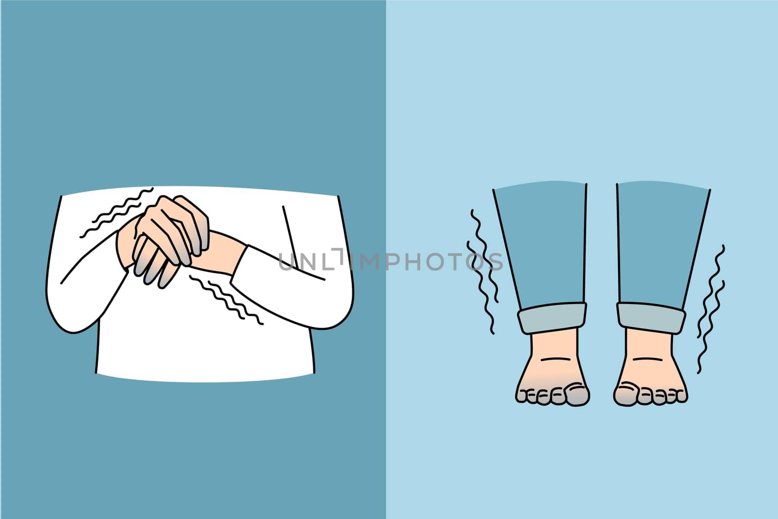Sensitivity to cold and shaking concept. Human hands fingers and legs feet shaking from cold and having blue color sensitive to weather vector illustration
