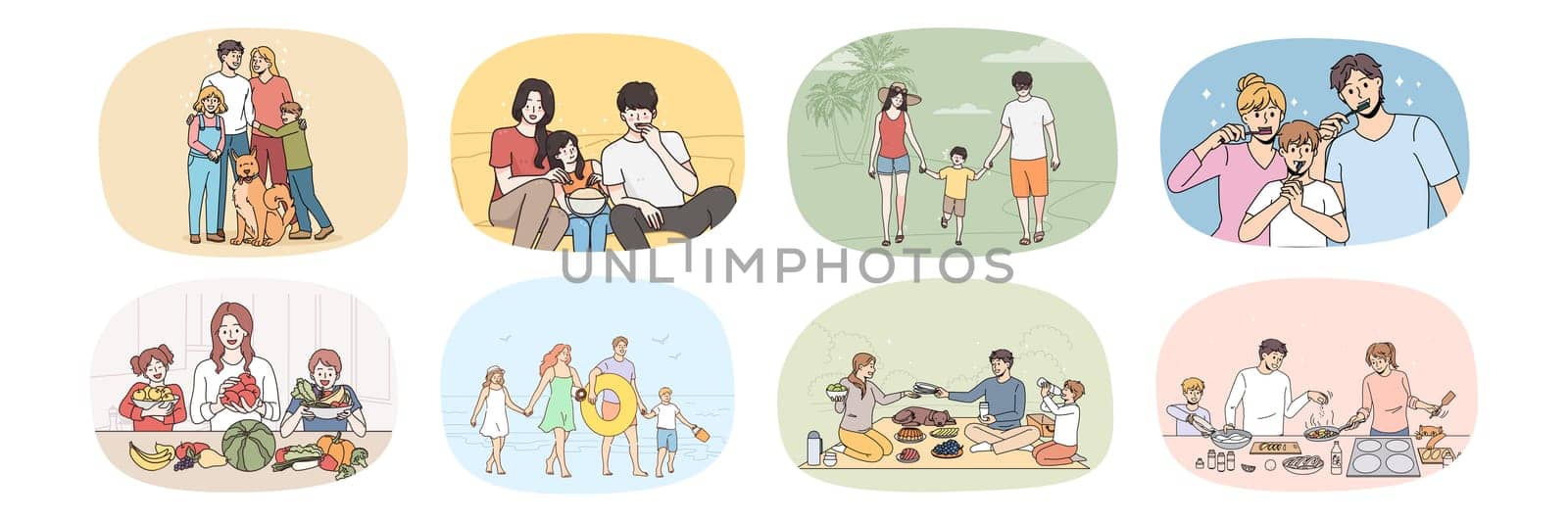 Set of happy parents with small children have fun enjoy spending time together. Collection of loving smiling family with kids daily life. Vacation and holidays. Relative unity. Vector illustration.