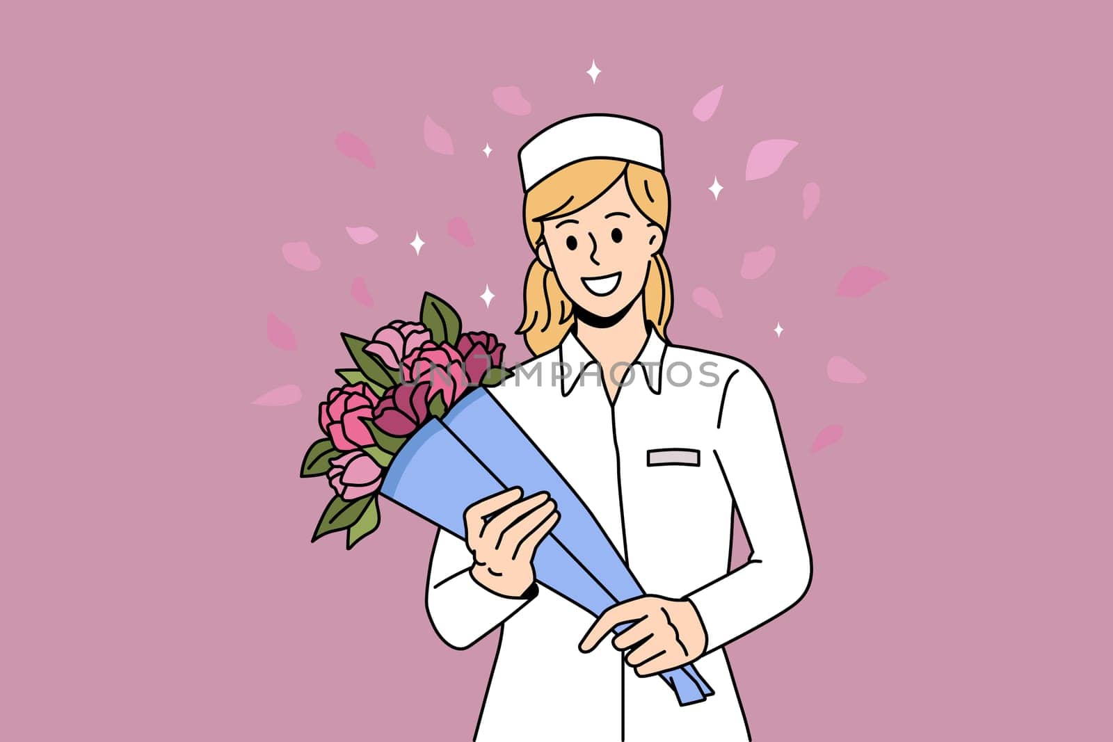 Thank you doctor and Nurses concept. Smiling woman doctor or nurse standing with bouquet of flowers fighting coronavirus vector illustration