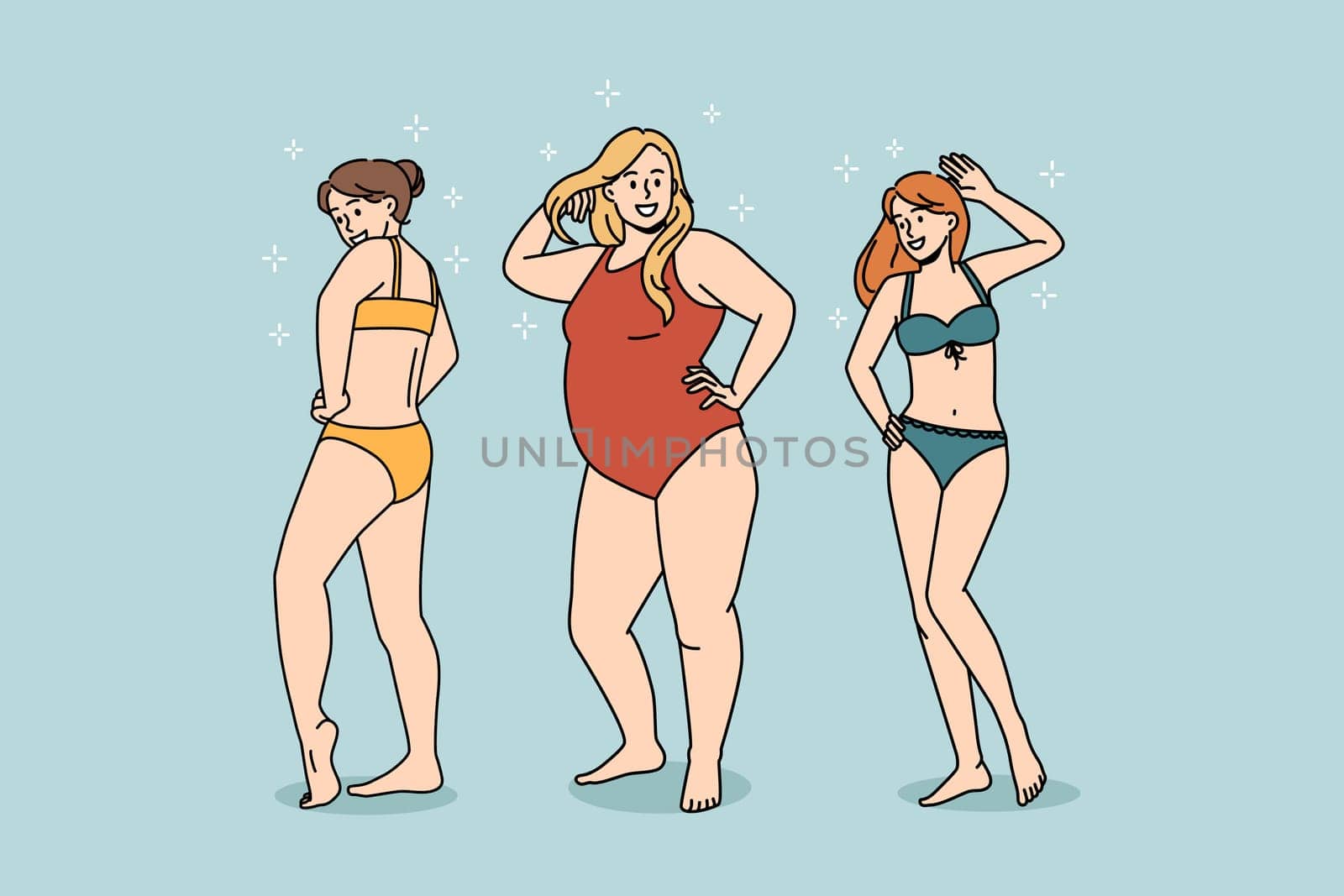 Body positive and happy lifestyle concept. Group of happy cheerful slim and plus size obsolete women dancing in bikini having fun enjoying life together vector illustration