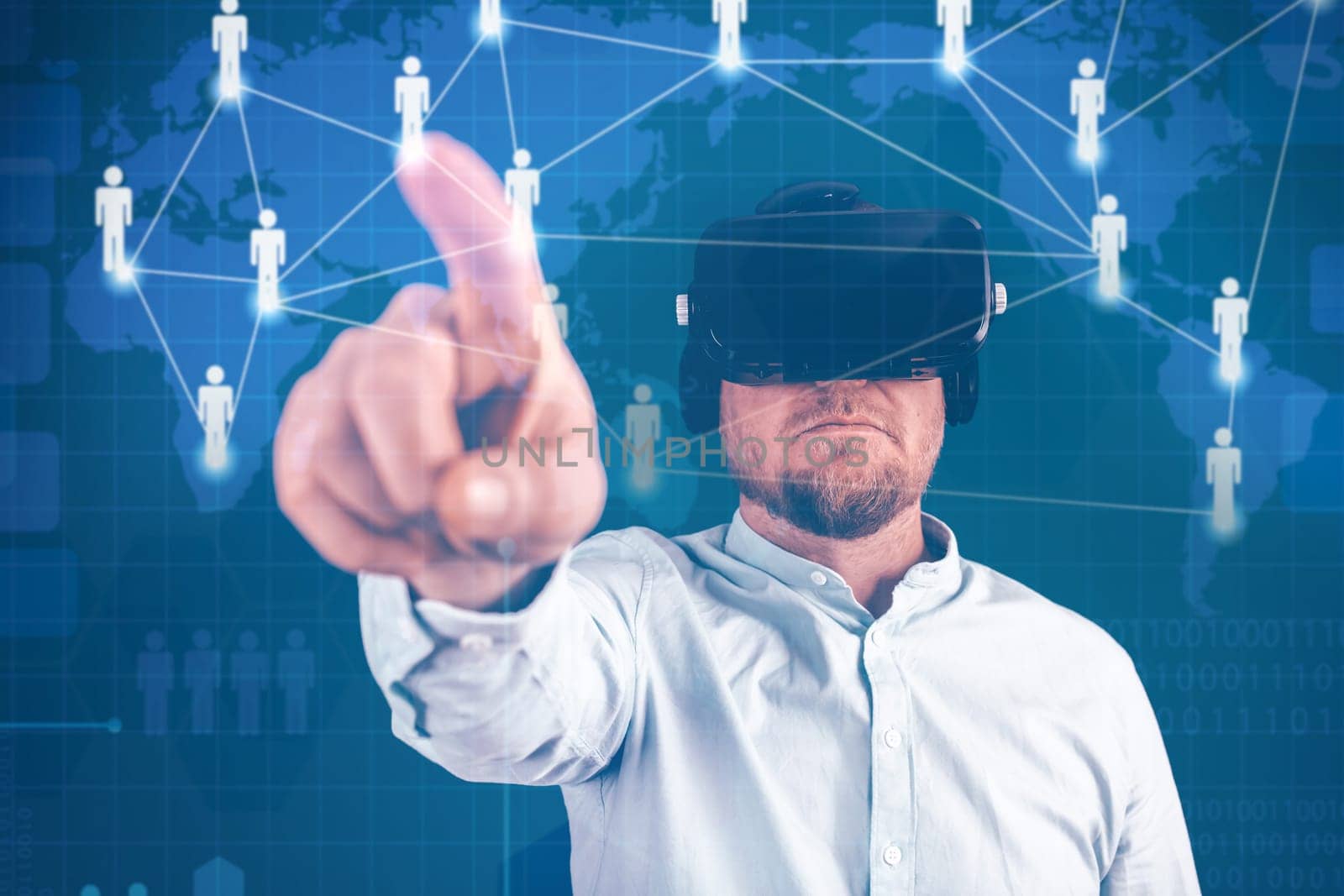 Metaverse digital cyber world technology. Businessman with VR glasses using AR augmented reality NFT, futuristic lifestyle concept