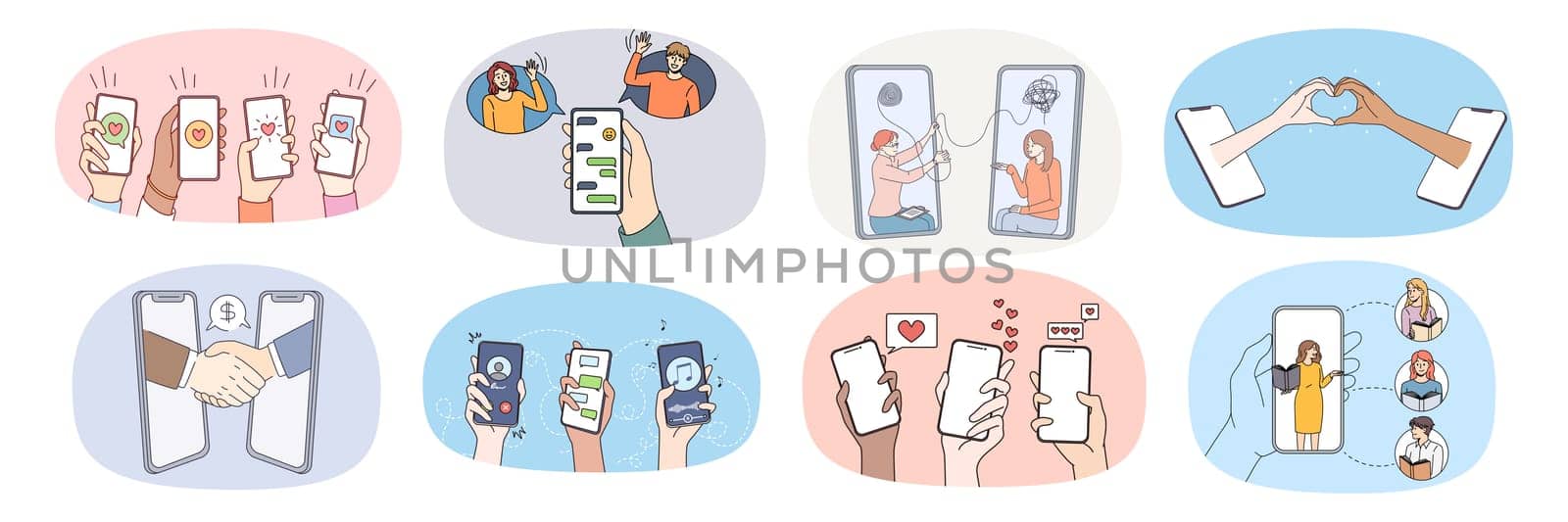 Collection of people hands use new technologies communicate on internet on smartphone gadget. Set of humans hold cellphones enjoy online communication on device. Virtual life. Vector illustration.