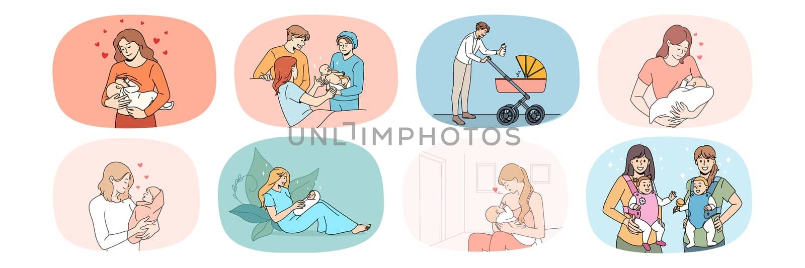 Collection of smiling loving young moms and dads take care of newborn babies. Set of happy parents enjoy parenthood hug baby infant. Family growing. Childhood and upbringing. Vector illustration.