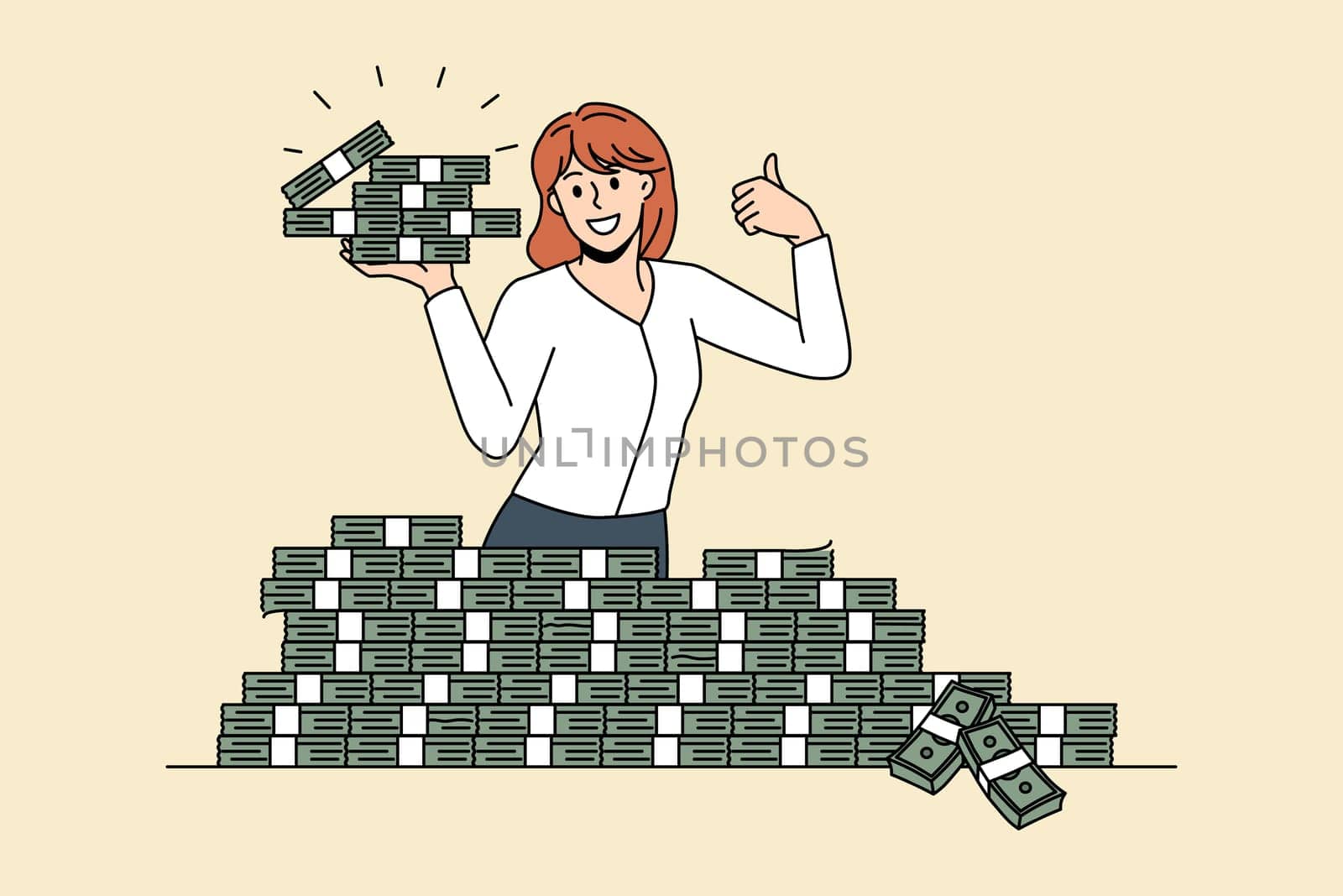 Financial success and big money concept. Smiling woman worker standing and holding heaps of cash money showing thumbs up sign vector illustration