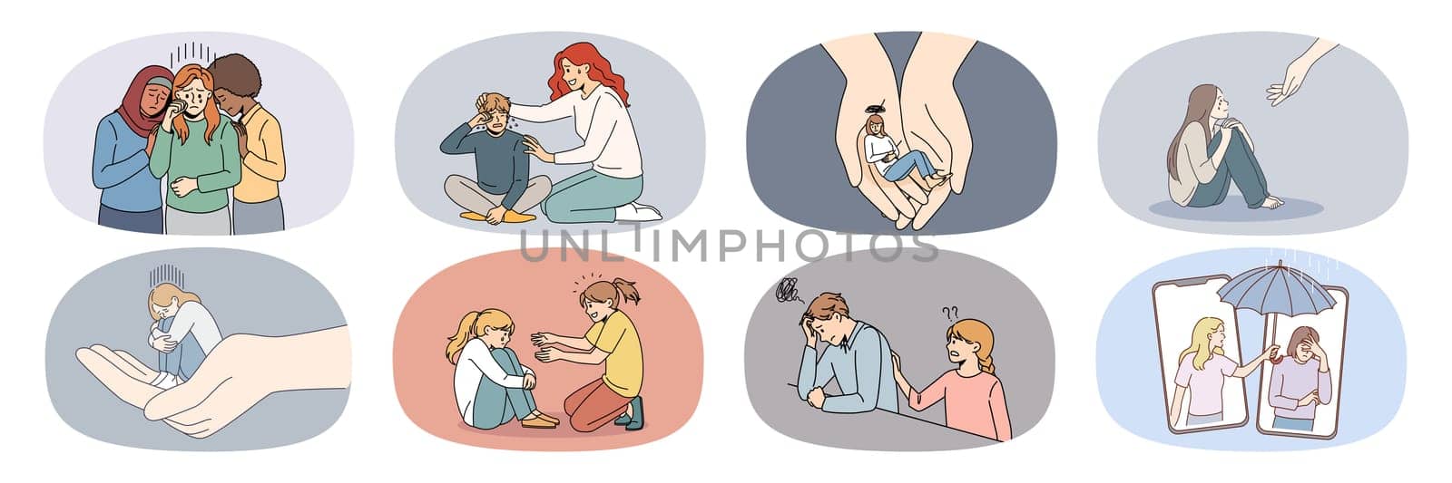 Collection of unhappy stressed people feel depressed get help from friend or relative. Set of upset person suffer from depression receive support and care. Feeling supportive. Vector illustration.