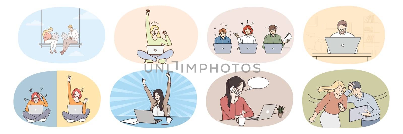 Set of diverse young people use laptops study or learn online on remote course or training. Collection of employees work on internet on computer on lockdown. New technology. Vector illustration.