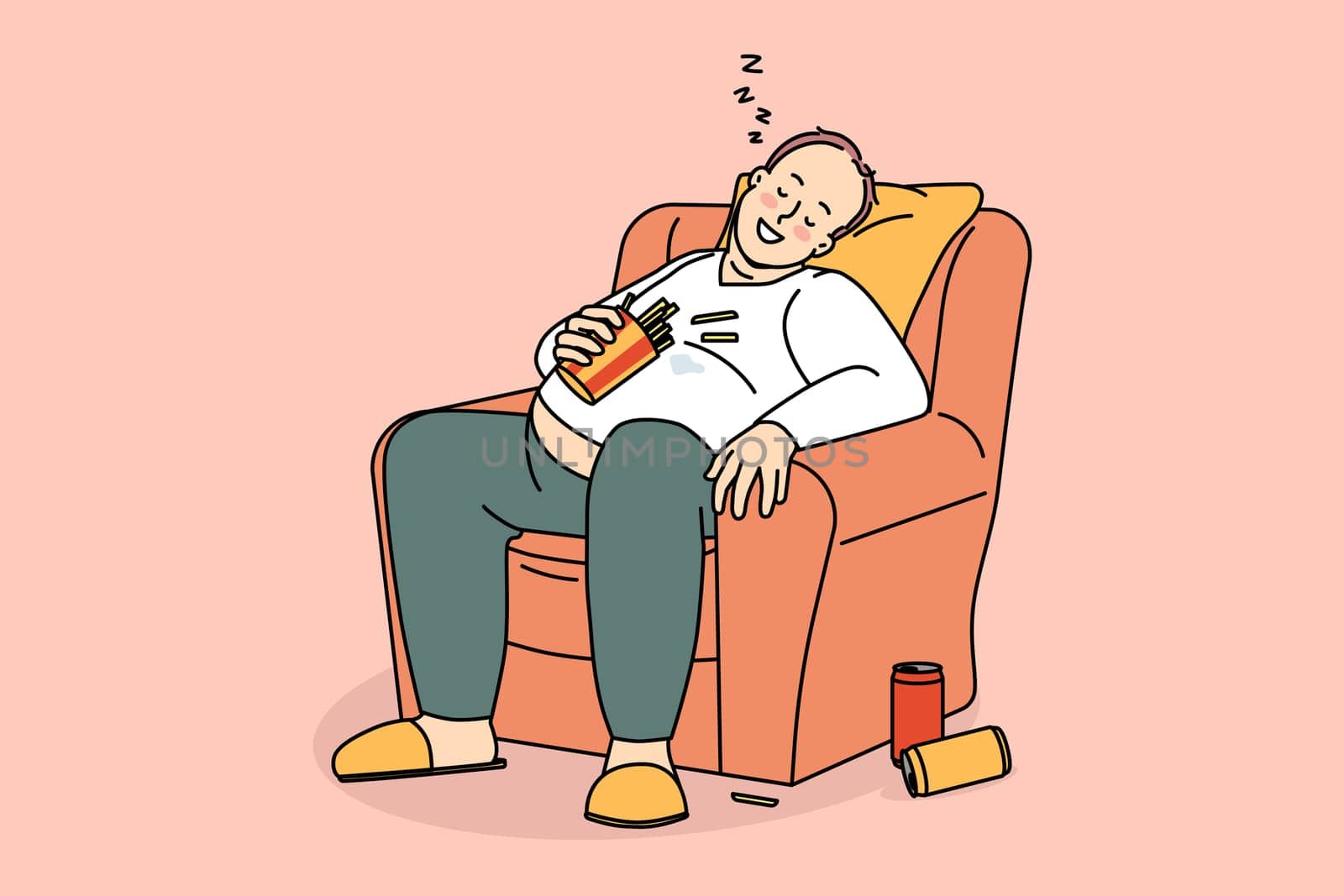 Unhealthy lifestyle and diet concept. Smiling over weight fatty man sitting napping in armchair after drinking soda and eating french fries vector illustration